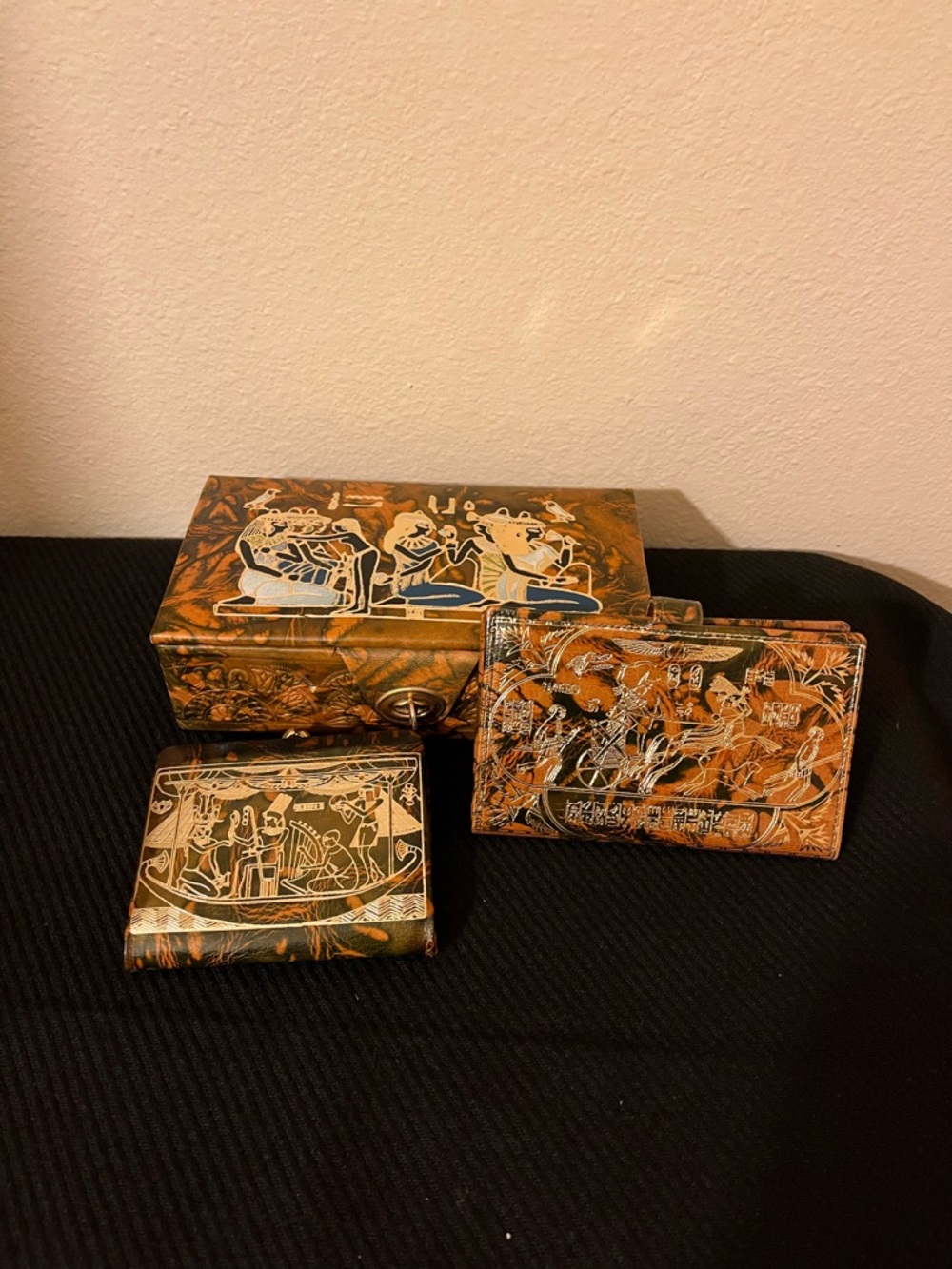 Handcrafted 3 piece Egyptian Camel Leather Jewelry Box and 2 wallets.